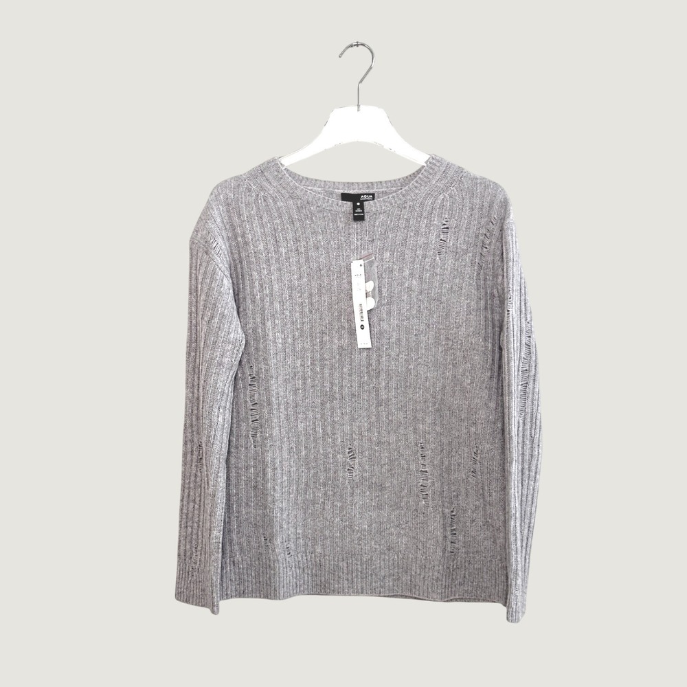 NWT AQUA Luxury Cashmere Light Grey Distressed Ribbed Soft Crew Sweater Size XS